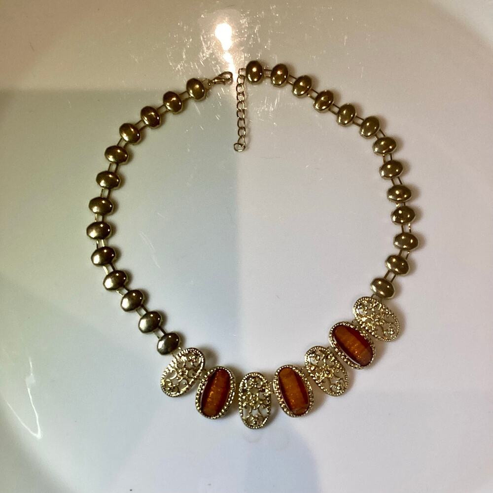 Gold Filigree and Amber Toned Necklace